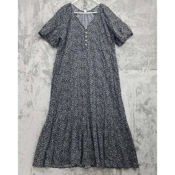Old Navy Dress Womens XL Black White Floral-Print Puff-Sleeve All-Day Maxi Swing - Picture 1 of 11